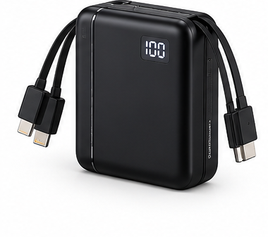 Black portable power bank with built-in cables