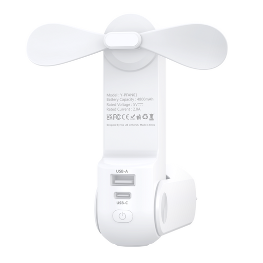 3-in-1 Mini Handheld Fan, Power Bank & Flashlight.