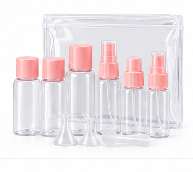 Travel toiletry bottles with clear pouch